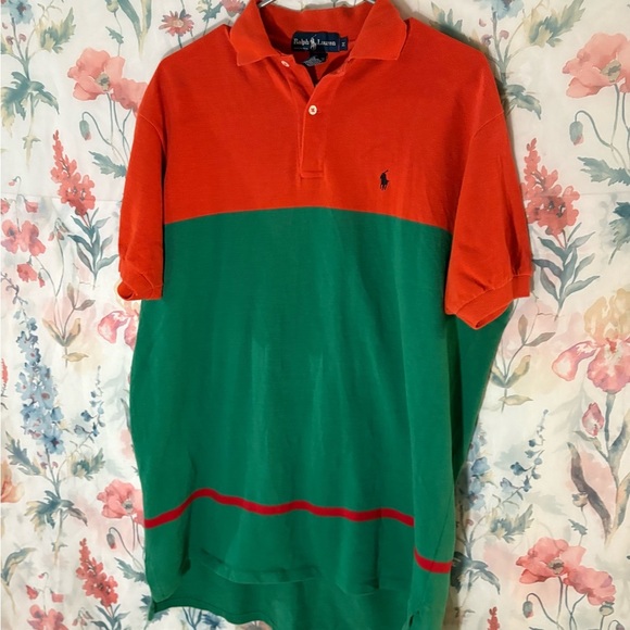Vintage Polo by Ralph Lauren Men's Orange and Green Polo Shirt - Picture 2 of 10